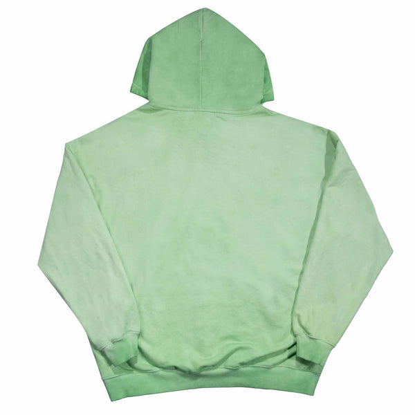 Green reversed background fleece hoodie with anti-bottom frying process.